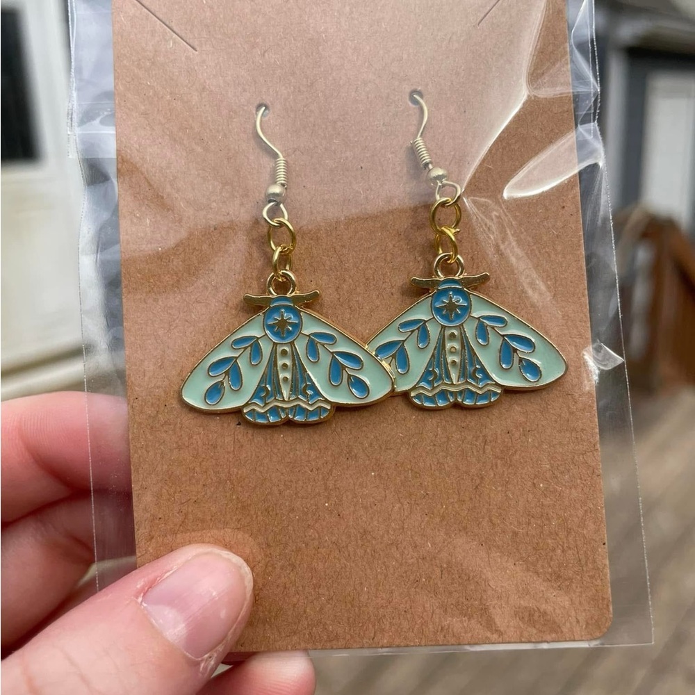 Hand-pieced Blue and Light Green Moth Earrings